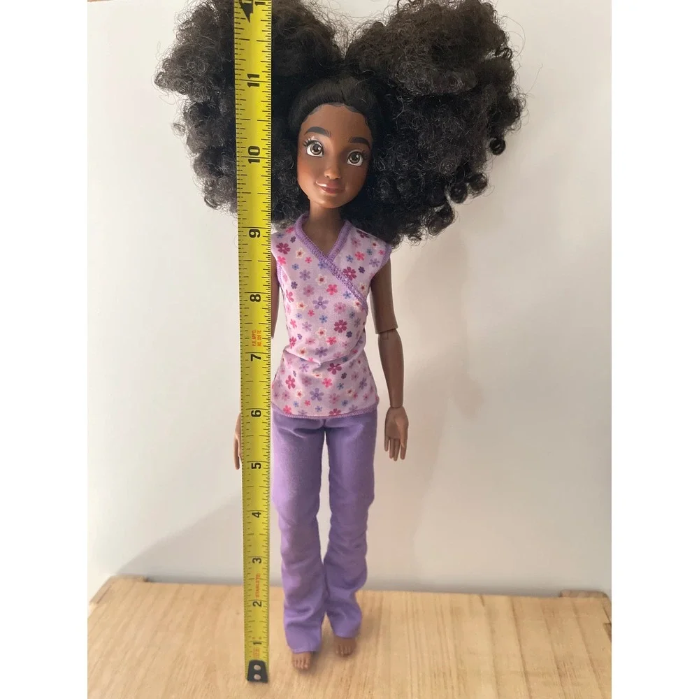 Disney Doll Black Curly Hair Brown Eyes Articulated Floral Top Purple Pants